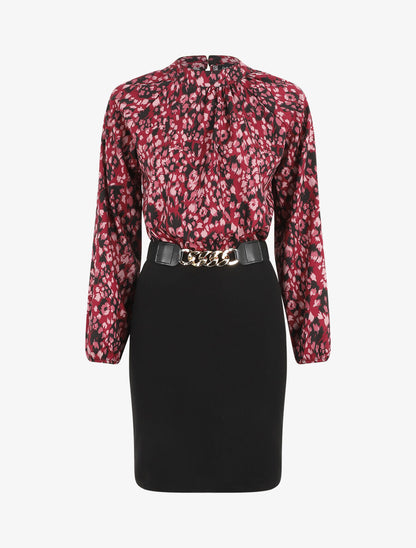 Robe bicolore à imprimé feuillage - Bordeaux - 5