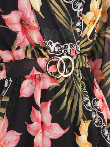 Robe mi-longue à imprimé tropical - Noir - 3