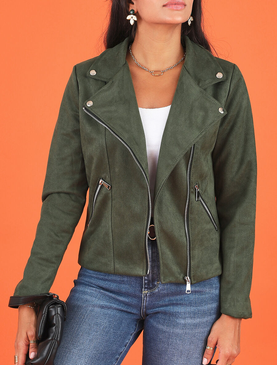 Veste style perfecto en suédine - Kaki - 4