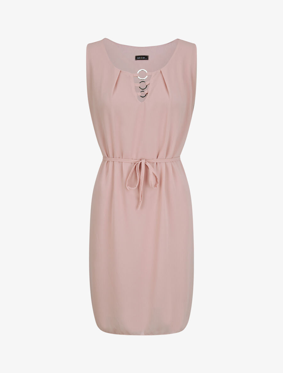 Robe en voile à col rond à détail anneaux - Rose poudré - 1