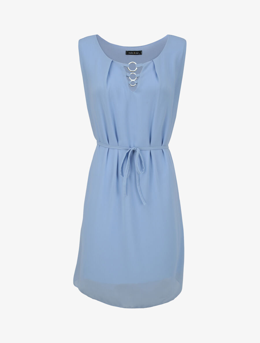Robe en voile à col rond à détail anneaux - Bleu ciel - 4