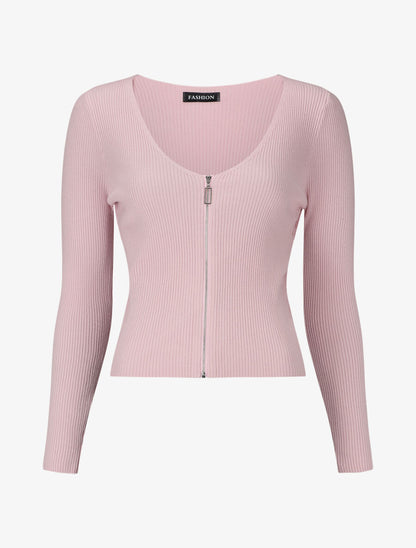Pull côtélé à zip - Rose - 2