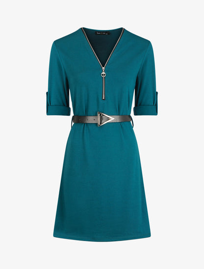 Robe uni coupe droite à col zippé - Bleu canard - 5