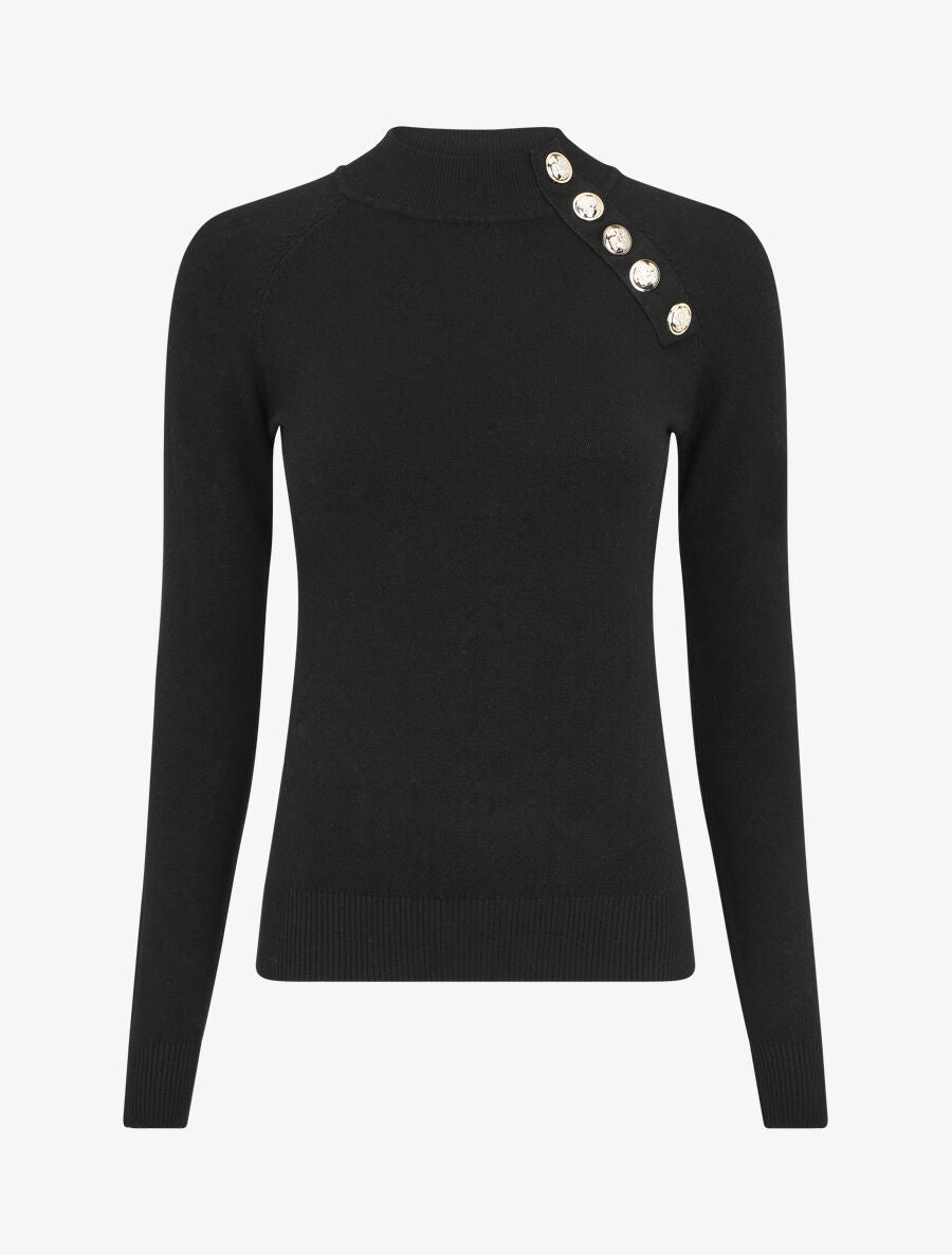 Pull uni à col montant et boutons décoratifs - Noir - 1