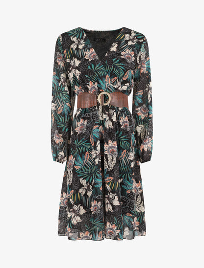 Robe col cache-coeur imprimé orchidées - Vert - 1