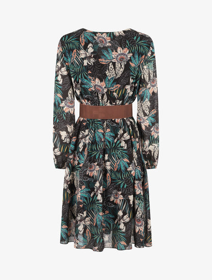 Robe col cache-coeur imprimé orchidées - Vert - 2