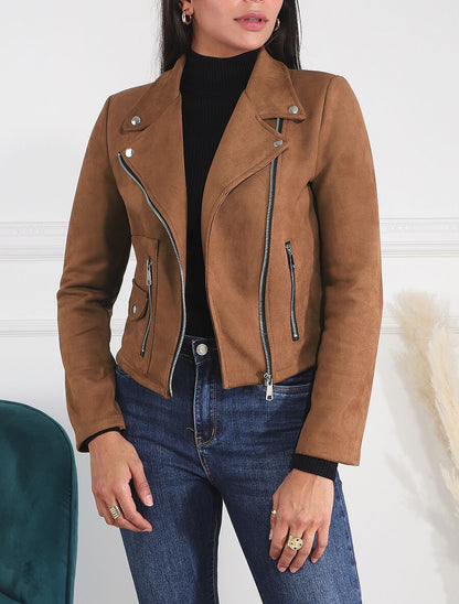 Veste style perfecto zippée en suédine - Café - 4