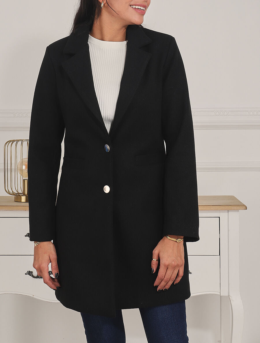 Manteau mi-long à boutons dorés - Noir - 4