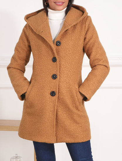 Manteau mi-long bouclé à capuche - Camel - 4