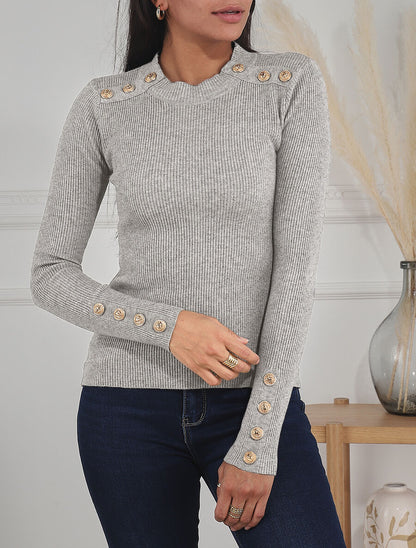 Pull ajusté à col montant boutonné - Gris - 4