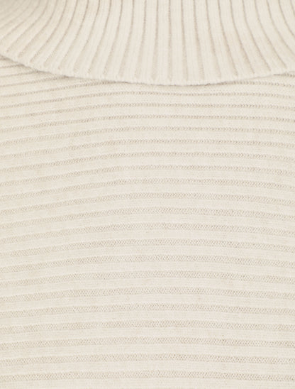 Pull droit côtelé à col roulé - Beige - 3