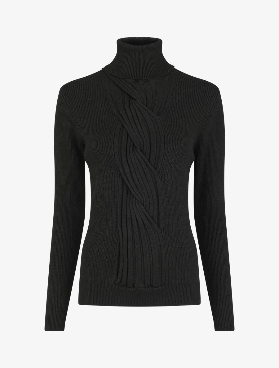 Pull uni à col roulé et motif torsade - Noir - 5