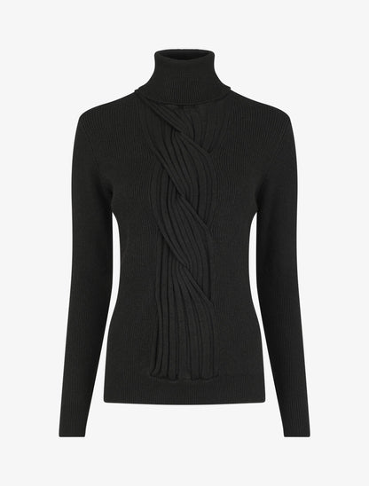 Pull uni à col roulé et motif torsade - Noir - 5