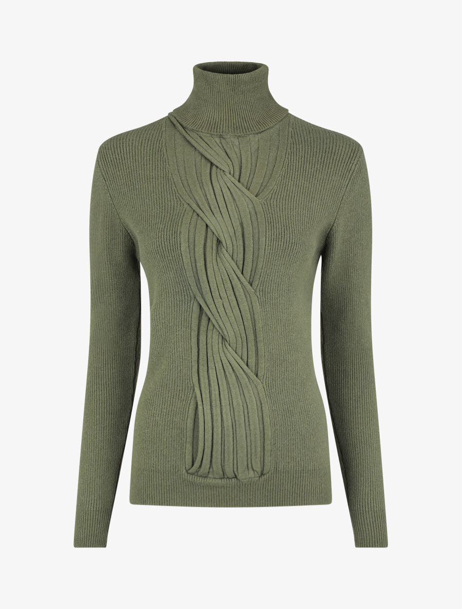 Pull uni à col roulé et motif torsade - Kaki - 1