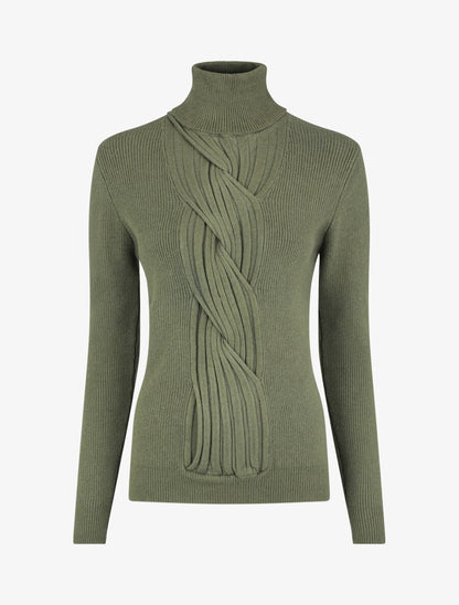 Pull uni à col roulé et motif torsade - Kaki - 1