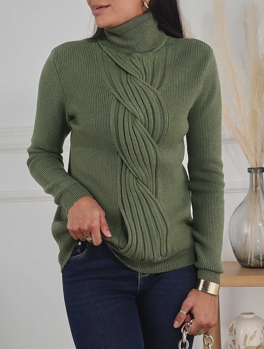 Pull uni à col roulé et motif torsade - Kaki - 4