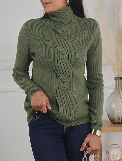 Pull uni à col roulé et motif torsade - Kaki - 4