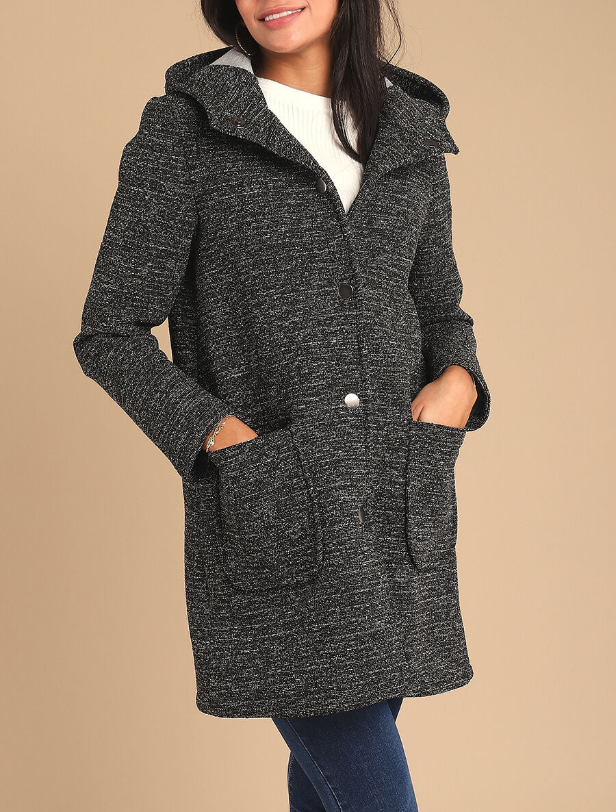 Manteau mi-long chiné à capuche - Noir - 4