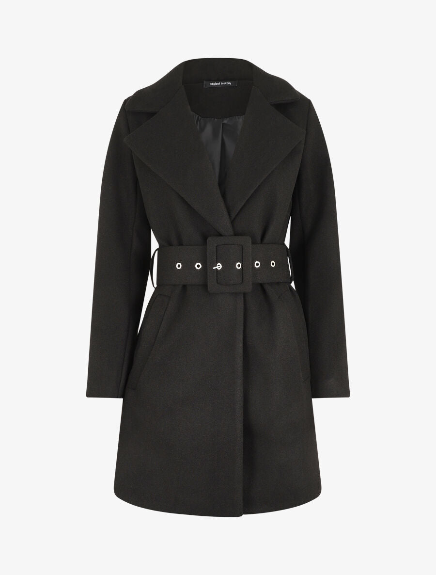 Manteau long ceinturé à col cranté - Noir - 4