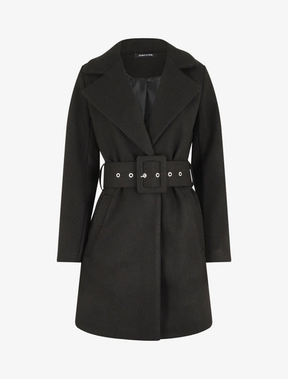Manteau long ceinturé à col cranté - Noir - 4