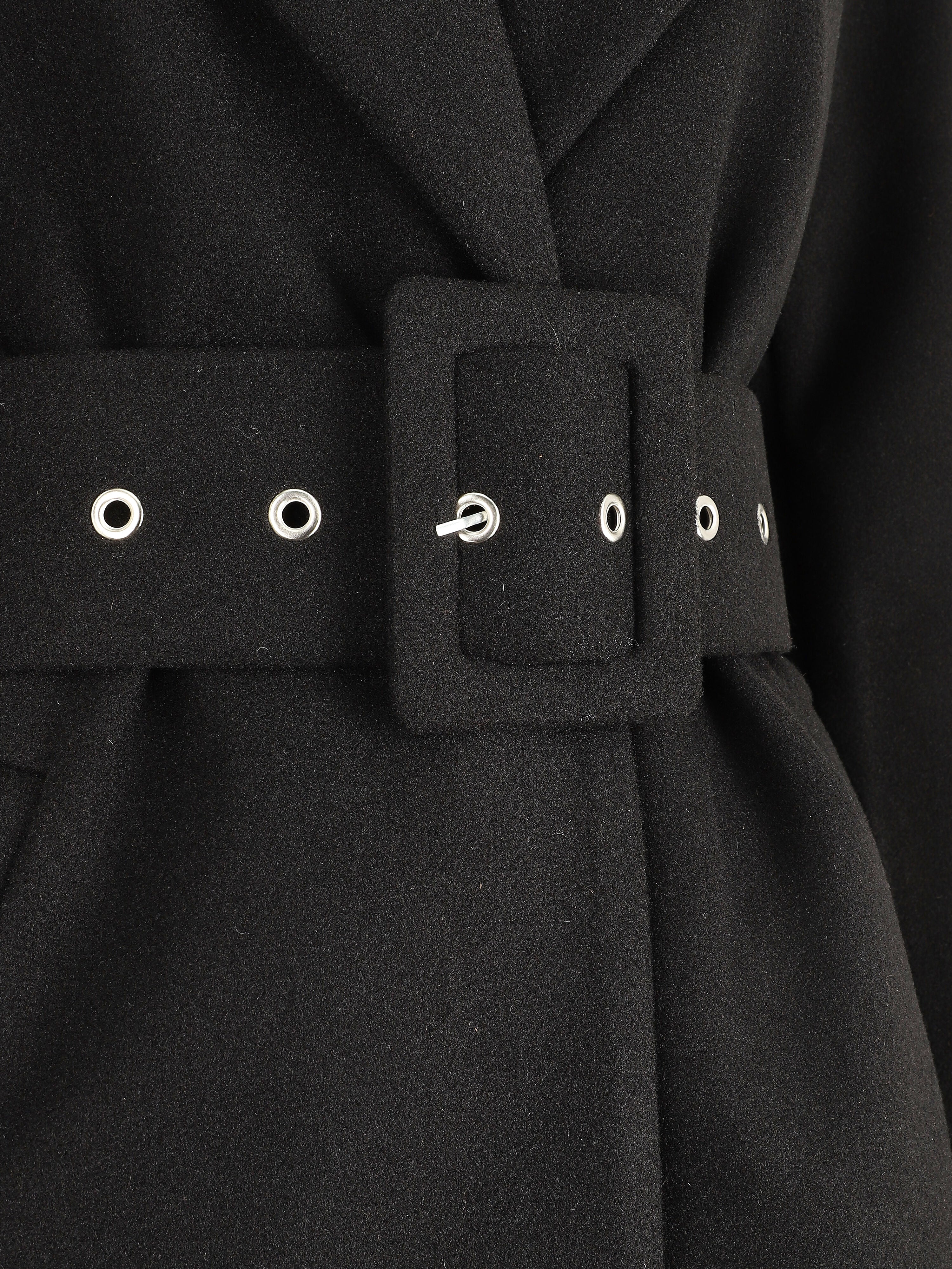 Manteau long ceinturé à col cranté - Noir - 3