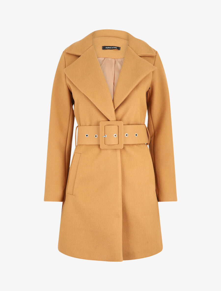Manteau long ceinturé à col cranté - Camel - 5