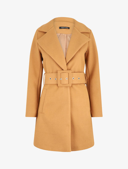 Manteau long ceinturé à col cranté - Camel - 5
