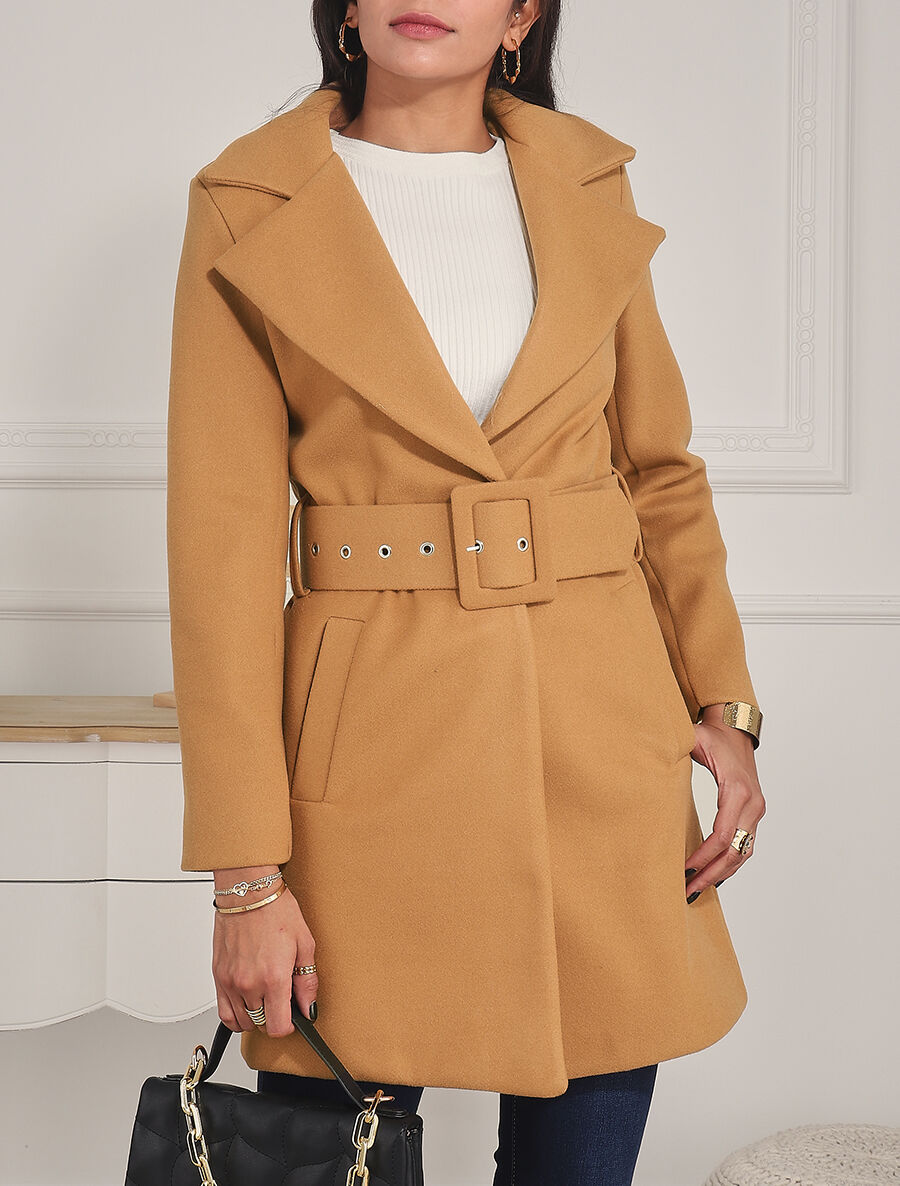 Manteau long ceinturé à col cranté - Camel - 4