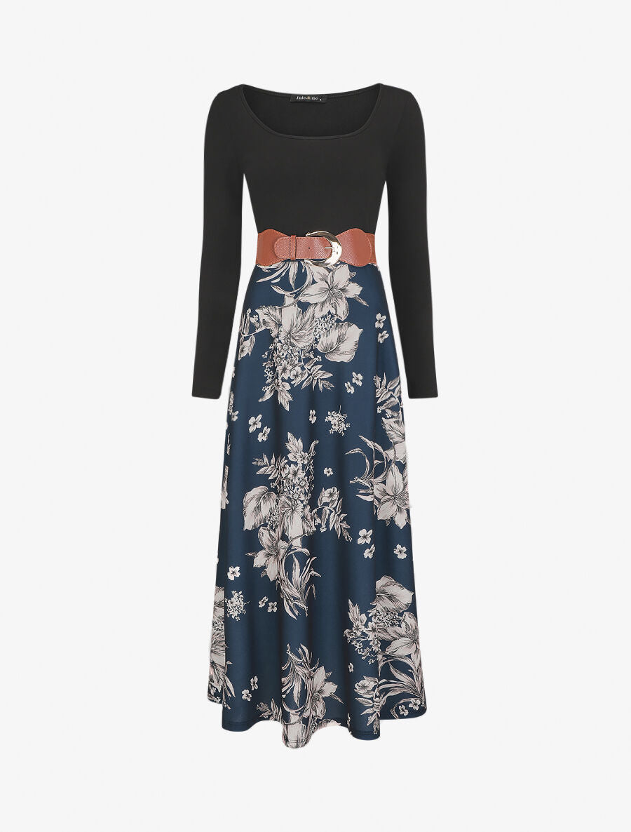 Robe longue empire à jupe fleurie - Marine - 1