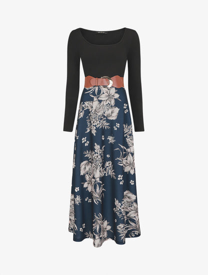 Robe longue empire à jupe fleurie - Marine - 1