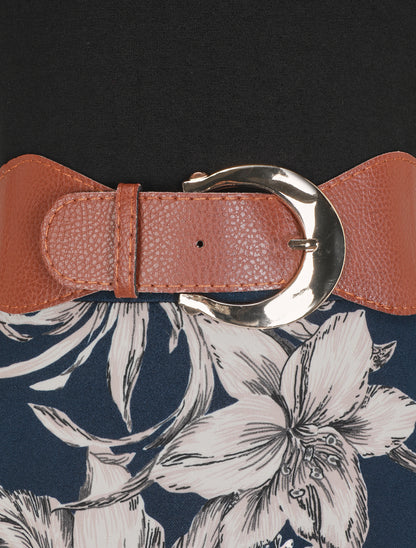 Robe longue empire à jupe fleurie - Marine - 3