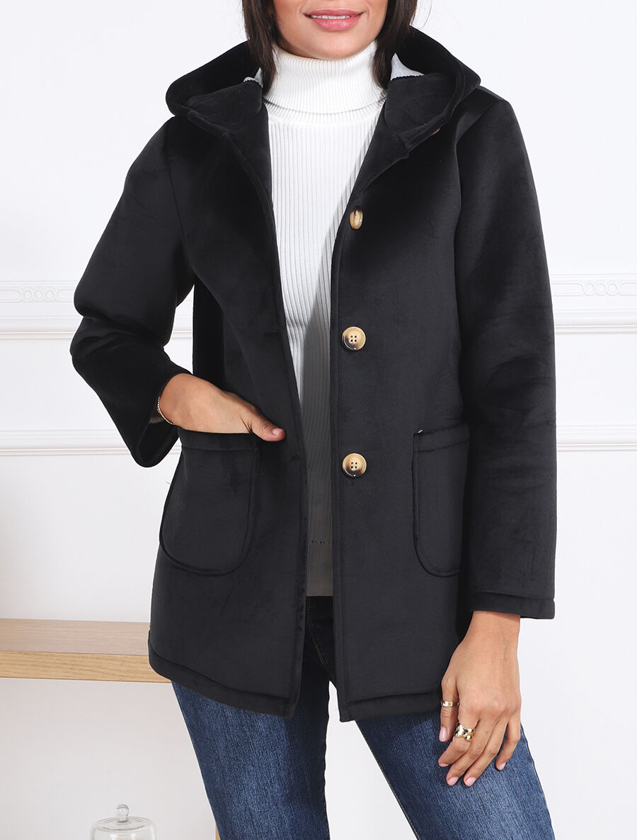 Manteau à capuche effet velours - Noir - 3