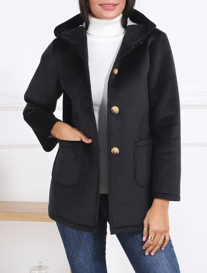 Manteau à capuche effet velours - Noir - 3