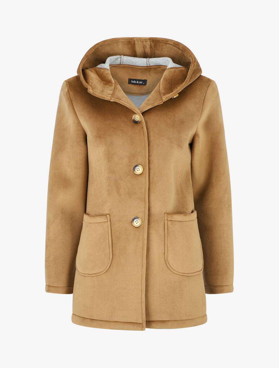 Manteau à capuche effet velours - Camel - 1