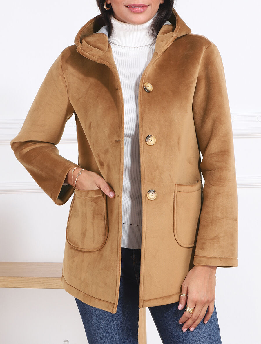 Manteau à capuche effet velours - Camel - 3