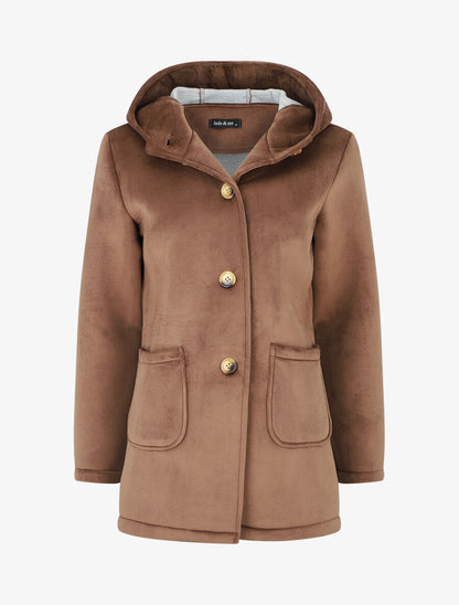 Manteau à capuche effet velours - Marron - 1