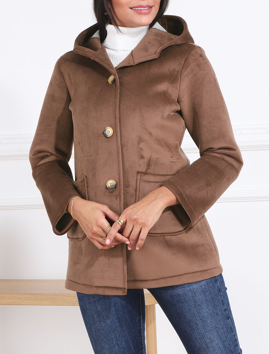Manteau à capuche effet velours - Marron - 3
