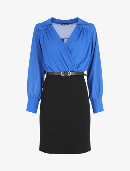 Robe fourreau à col cache-coeur - Noir/bleu roi - 1