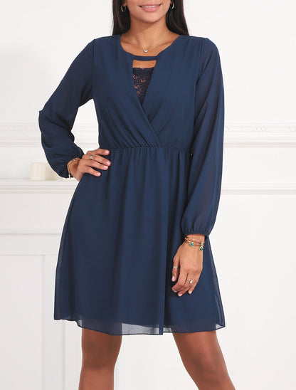 Robe taille élastiquée à détail dentelle - Marine - 4