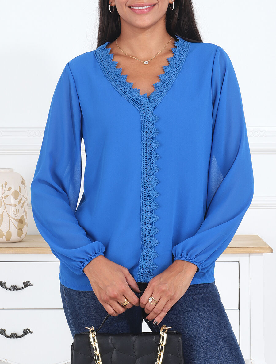Blouse en voile unie à col brodé - Bleu roi - 4