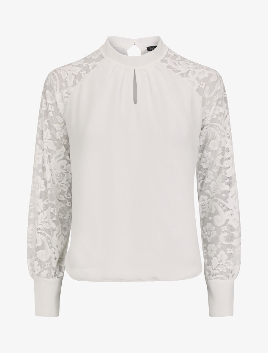 Blouse en voile unie à manches en dentelle - Blanc - 1