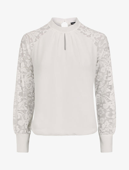 Blouse en voile unie à manches en dentelle - Blanc - 1