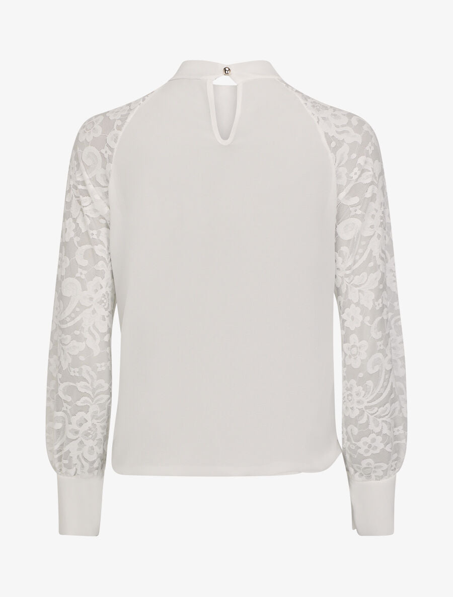 Blouse en voile unie à manches en dentelle - Blanc - 2