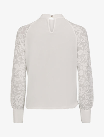 Blouse en voile unie à manches en dentelle - Blanc - 2