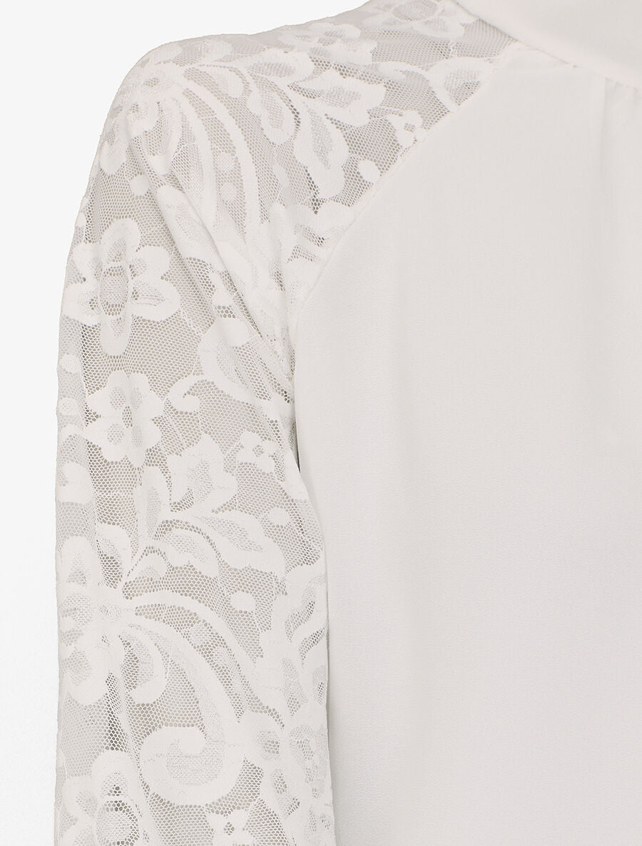 Blouse en voile unie à manches en dentelle - Blanc - 3