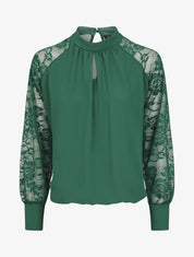 Blouse en voile unie à manches en dentelle - Vert sapin - 5
