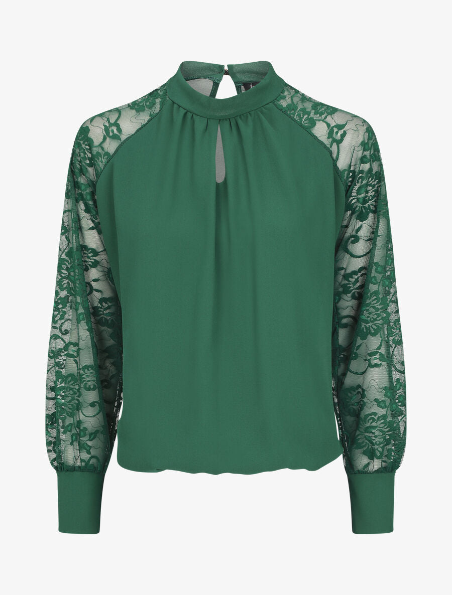 Blouse en voile unie à manches en dentelle - Vert sapin - 5