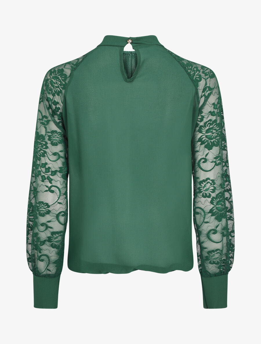 Blouse en voile unie à manches en dentelle - Vert sapin - 2