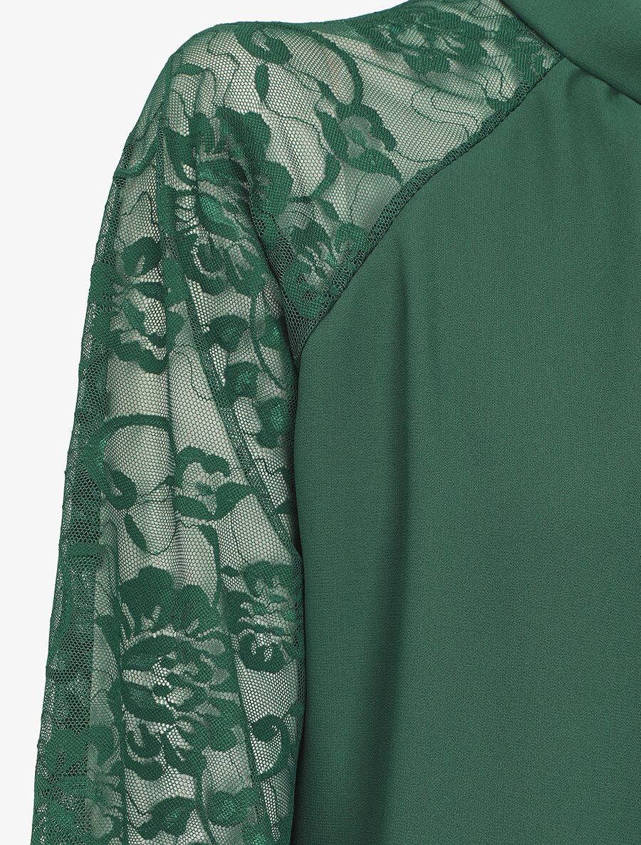 Blouse en voile unie à manches en dentelle - Vert sapin - 3
