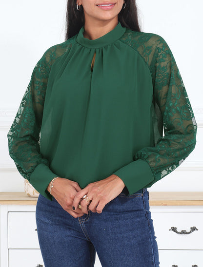 Blouse en voile unie à manches en dentelle - Vert sapin - 4